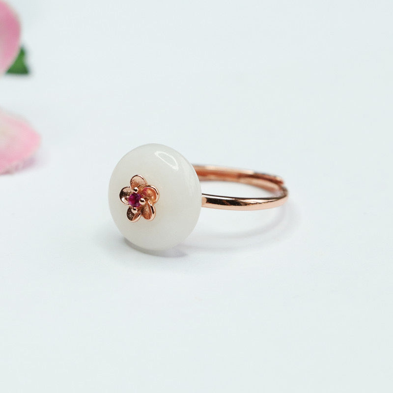 Natural White Jade Feng Shui Plum Blossom Ring