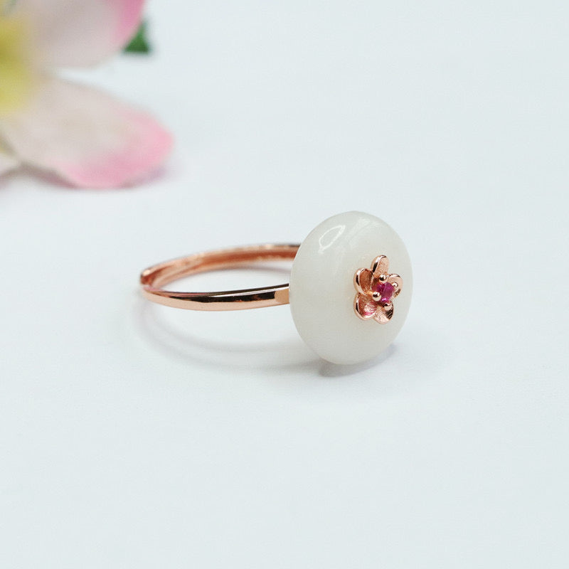 Natural White Jade Feng Shui Plum Blossom Ring
