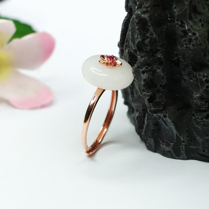 Natural White Jade Feng Shui Plum Blossom Ring