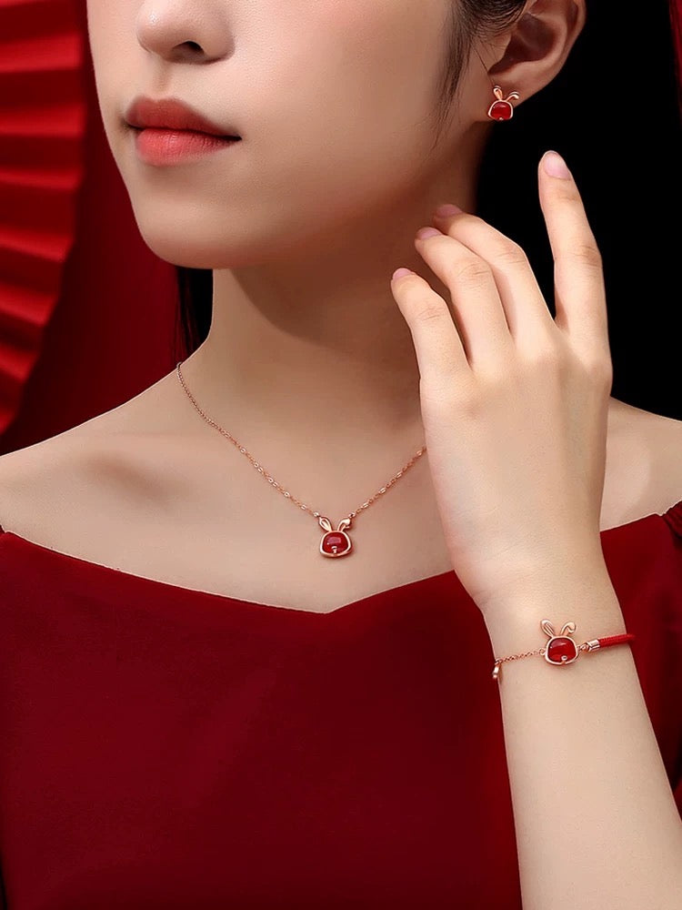 Natural Red Agate Protection Rabbit Set