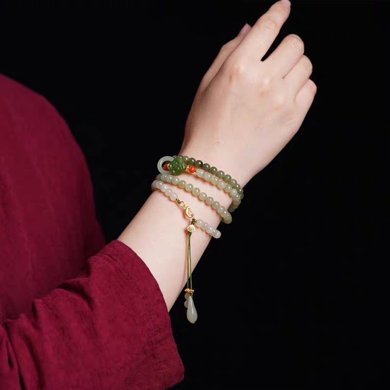 Natural Hetian Green Jade 4 Laps Healing Bracelet