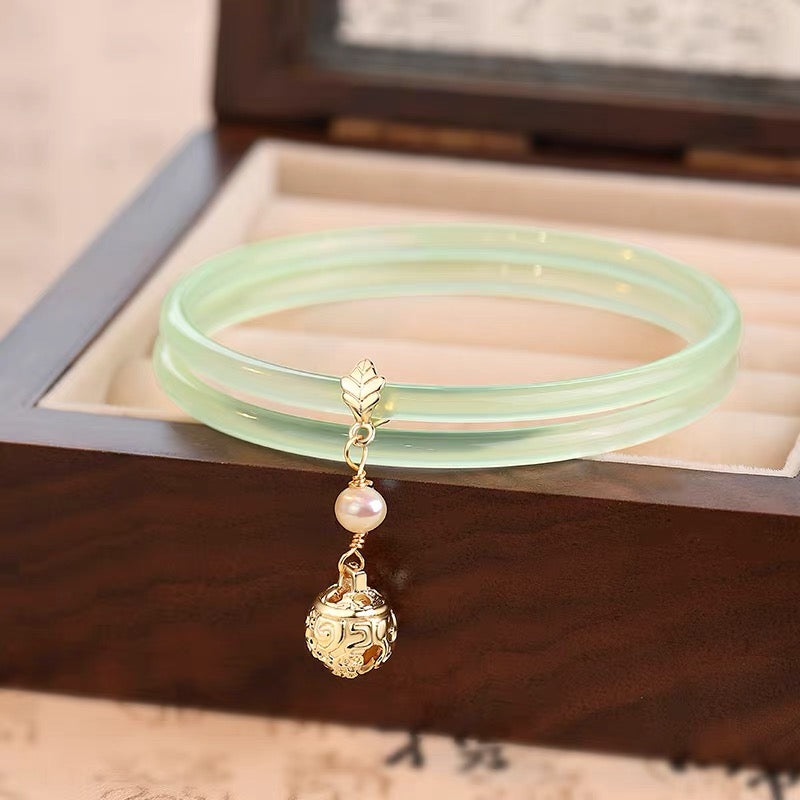 Natural Green Jade Bell Double Bangle
