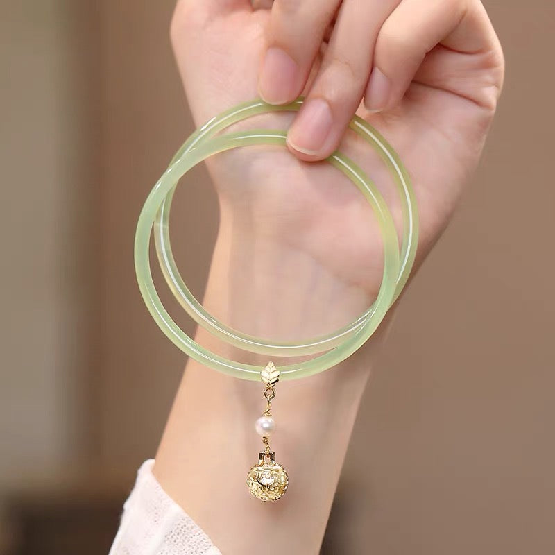 Natural Green Jade Bell Double Bangle