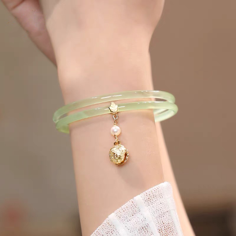 Natural Green Jade Bell Double Bangle