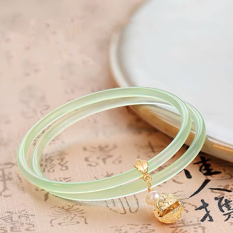 Natural Green Jade Bell Double Bangle