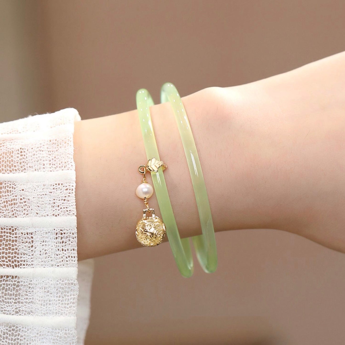 Natural Green Jade Bell Double Bangle