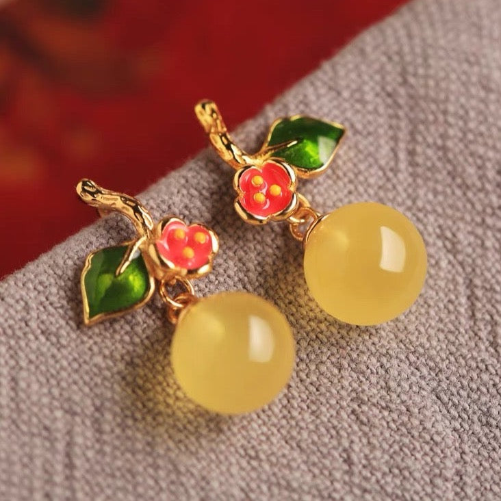 Natural Amber Enamel Feng Shui Orange Earrings