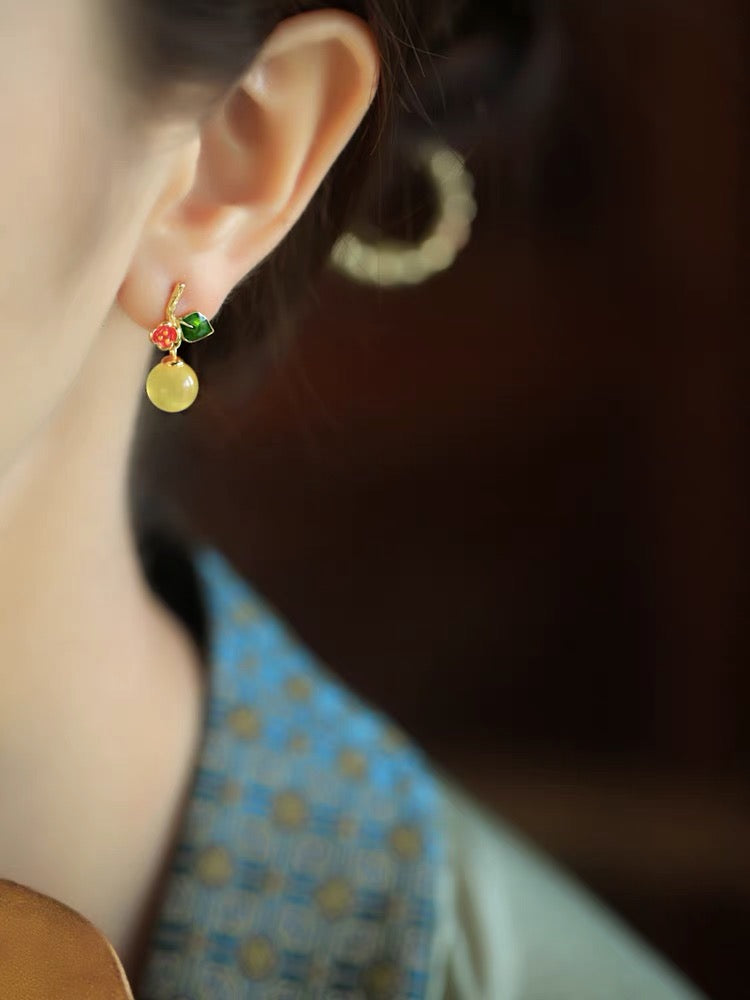 Natural Amber Enamel Feng Shui Orange Earrings