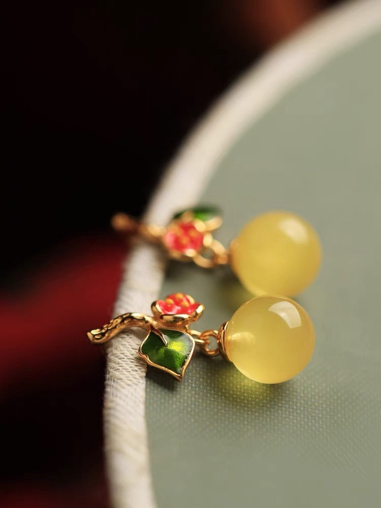 Natural Amber Enamel Feng Shui Orange Earrings