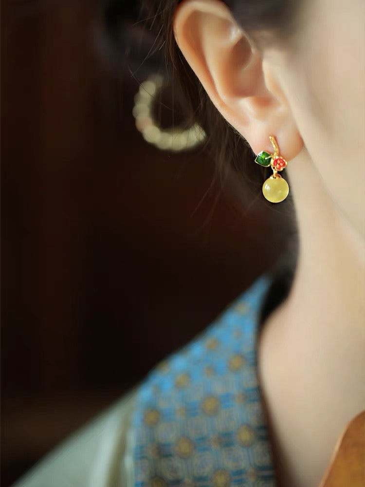 Natural Amber Enamel Feng Shui Orange Earrings