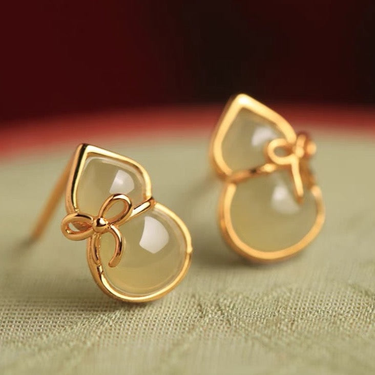 Natural Hetian Green Jade Feng Shui Calabash Earrings