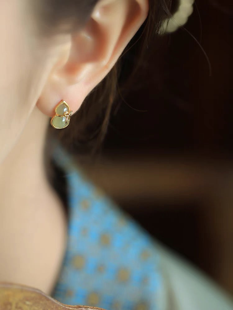 Natural Hetian Green Jade Feng Shui Calabash Earrings