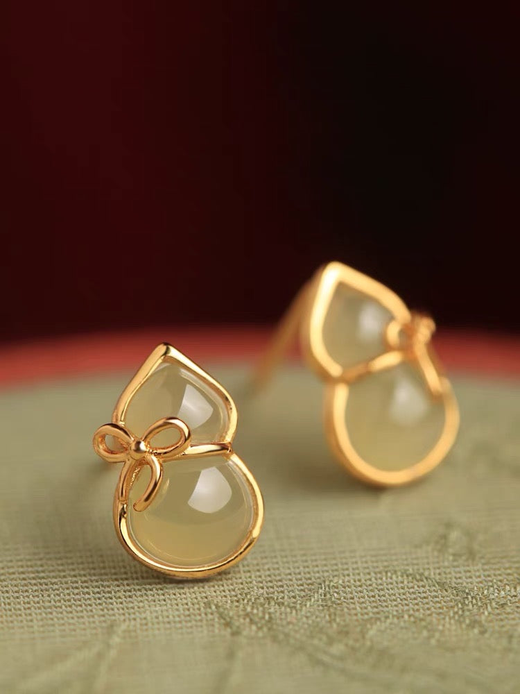 Natural Hetian Green Jade Feng Shui Calabash Earrings