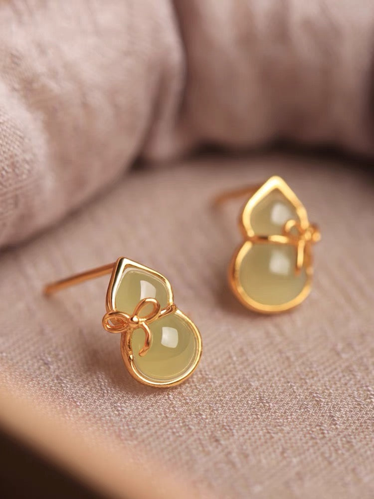 Natural Hetian Green Jade Feng Shui Calabash Earrings