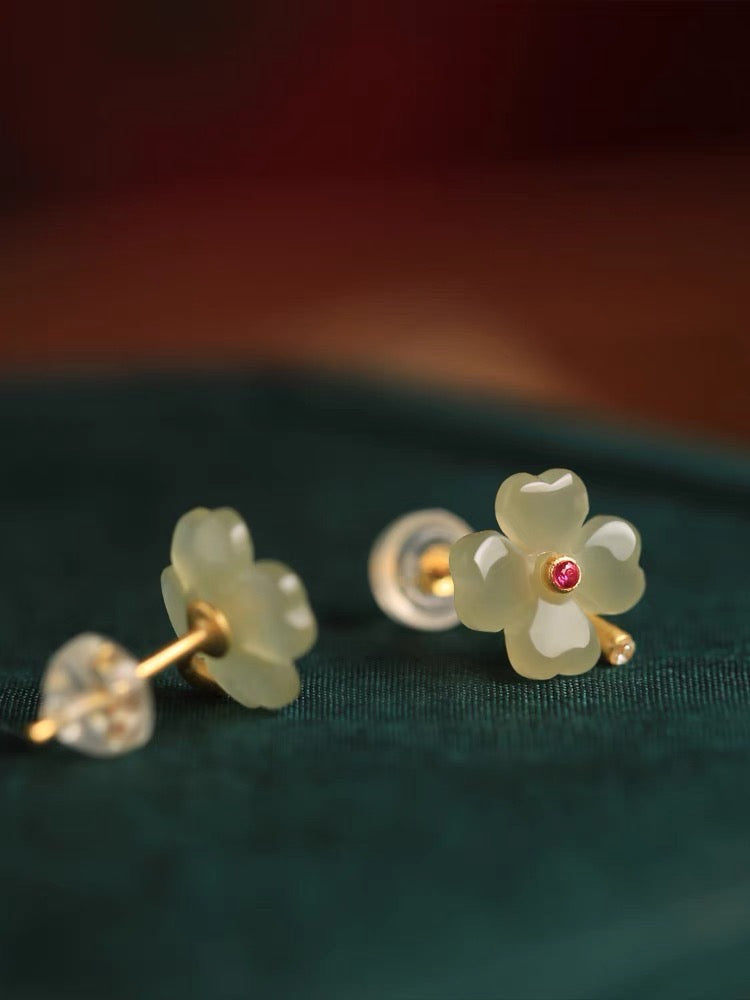 Feng Shui Peach Blossom Green Jade Peace Earrings