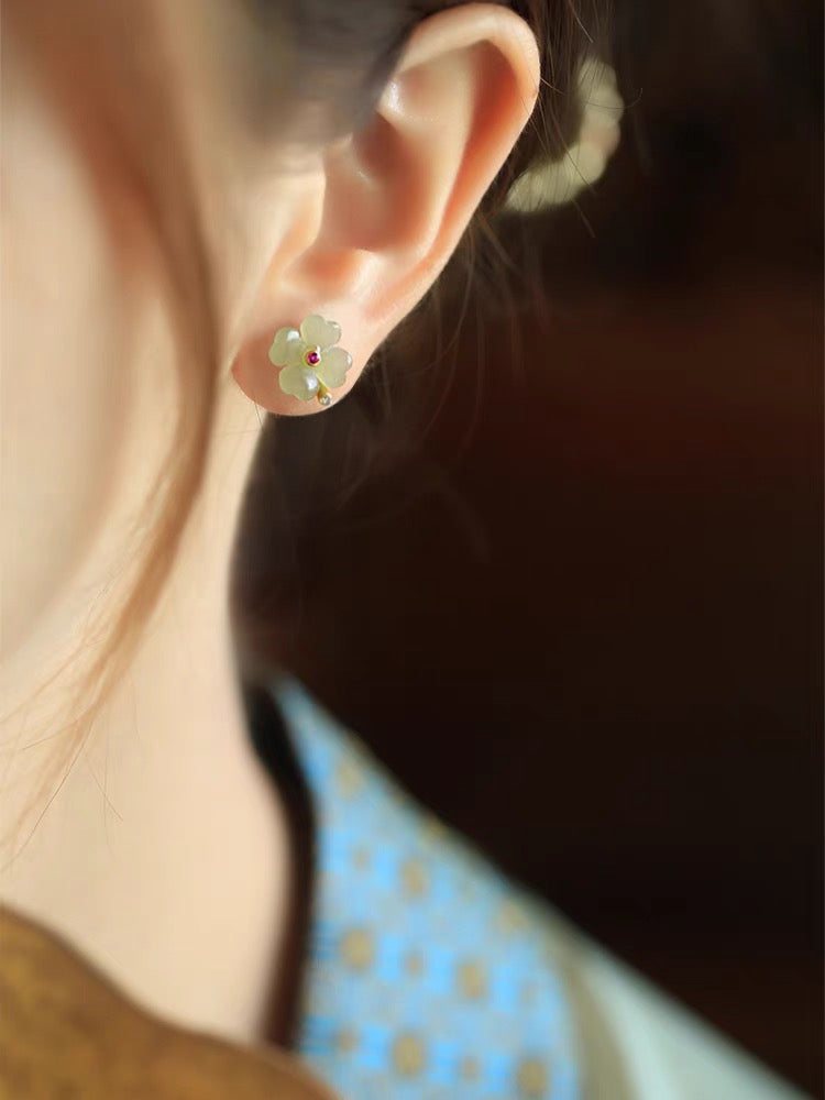 Feng Shui Peach Blossom Green Jade Peace Earrings