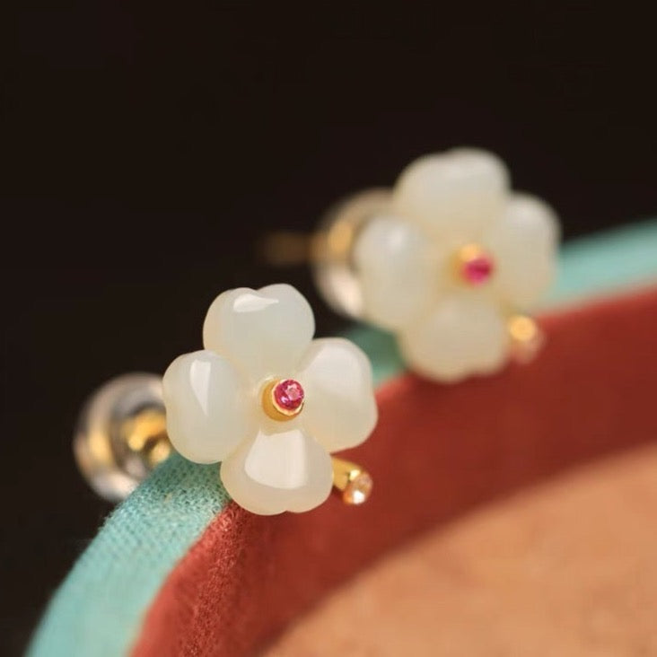 Feng Shui Peach Blossom Green Jade Peace Earrings