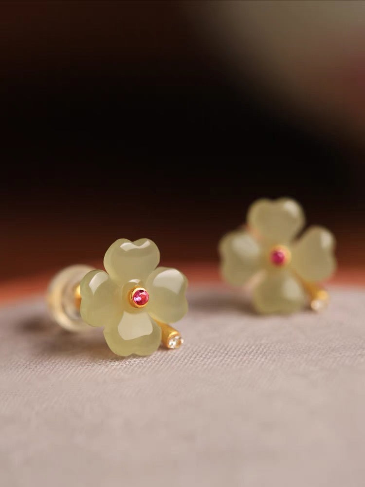 Feng Shui Peach Blossom Green Jade Peace Earrings