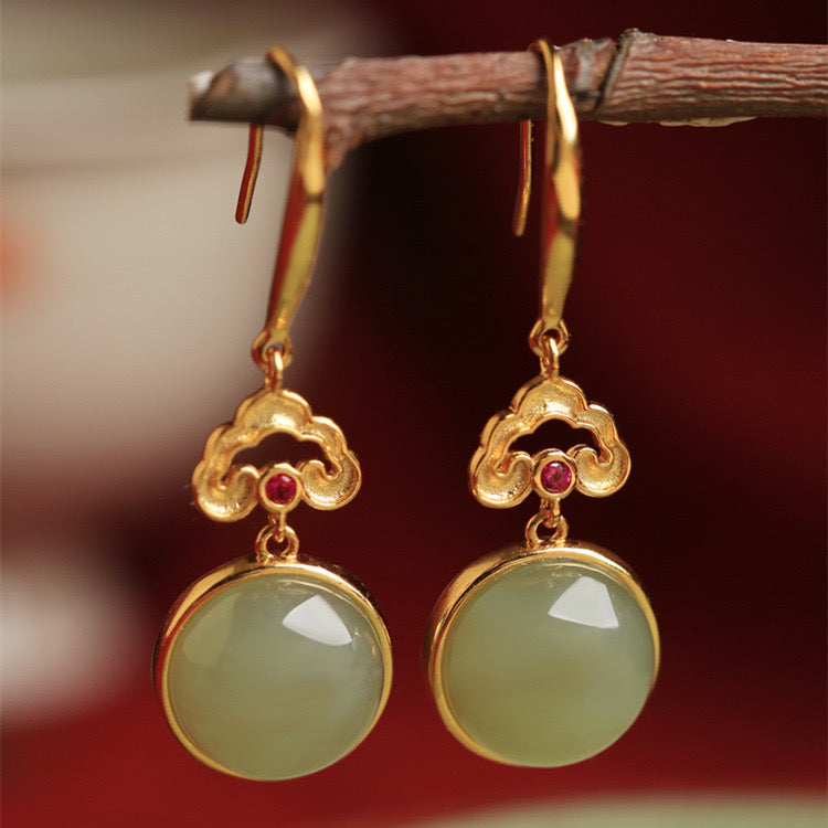 Feng Shui Enamel Cloud Green Jade Earrings