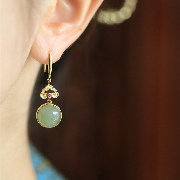 Feng Shui Enamel Cloud Green Jade Earrings