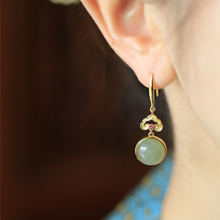 Feng Shui Enamel Cloud Green Jade Earrings
