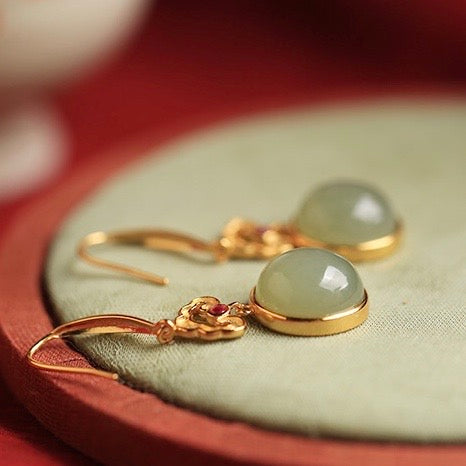 Feng Shui Enamel Cloud Green Jade Earrings