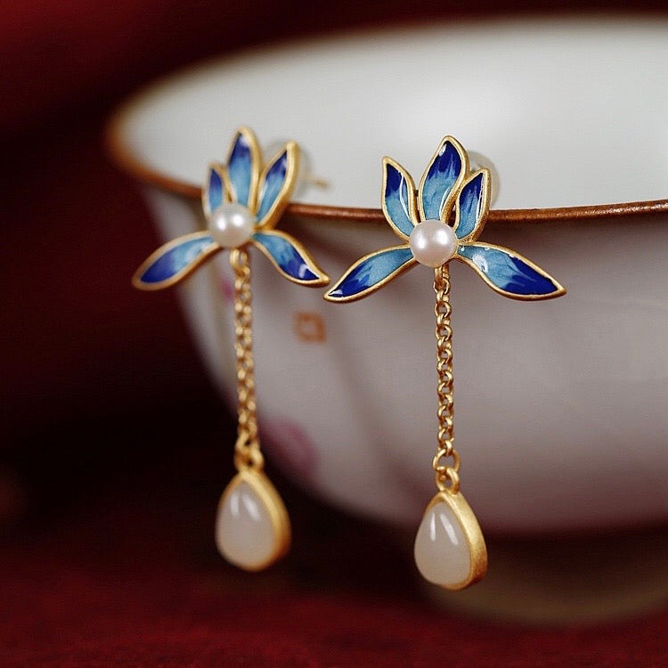 Feng Shui Lotus White Jade Protection Earrings