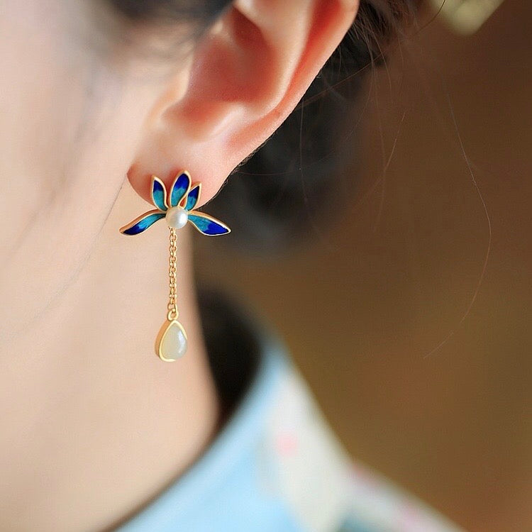 Feng Shui Lotus White Jade Protection Earrings