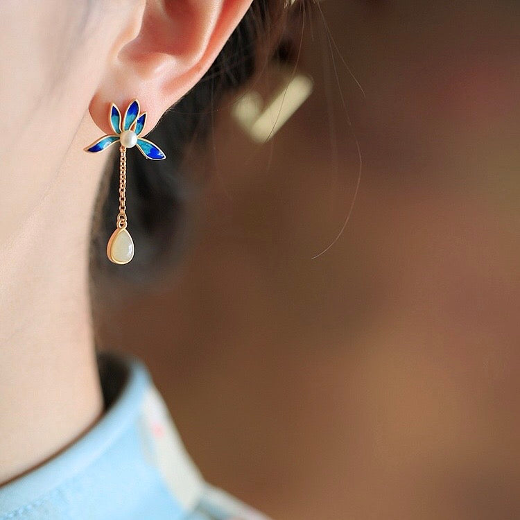 Feng Shui Lotus White Jade Protection Earrings