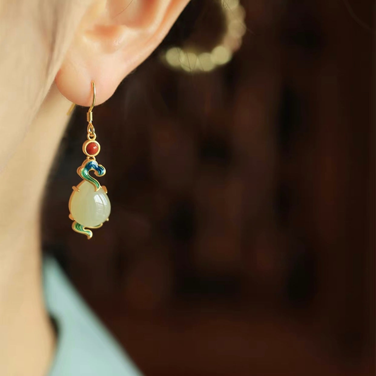 Feng Shui Auspicious Enamel Cloud White Jade Earrings