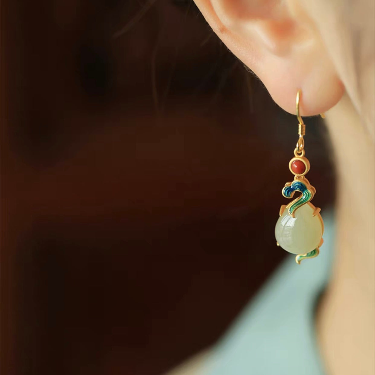 Feng Shui Auspicious Enamel Cloud White Jade Earrings
