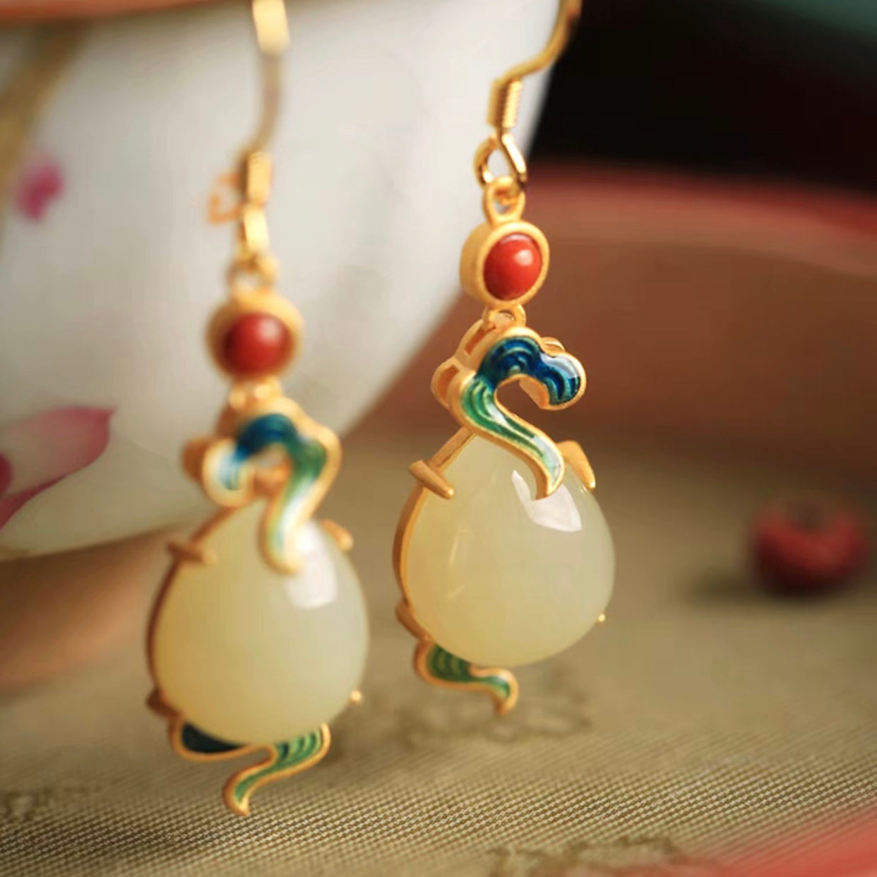 Feng Shui Auspicious Enamel Cloud White Jade Earrings