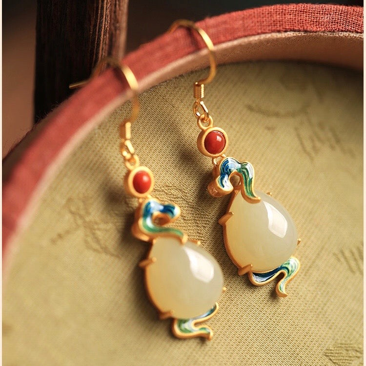 Feng Shui Auspicious Enamel Cloud White Jade Earrings