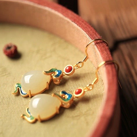 Feng Shui Auspicious Enamel Cloud White Jade Earrings