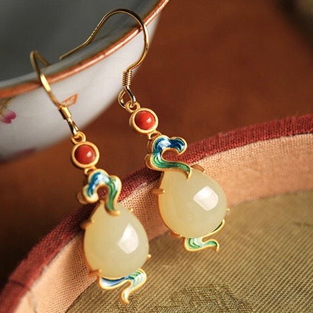 Feng Shui Auspicious Enamel Cloud White Jade Earrings