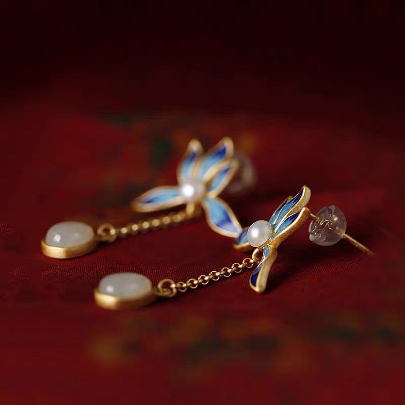 Feng Shui Lotus White Jade Protection Earrings