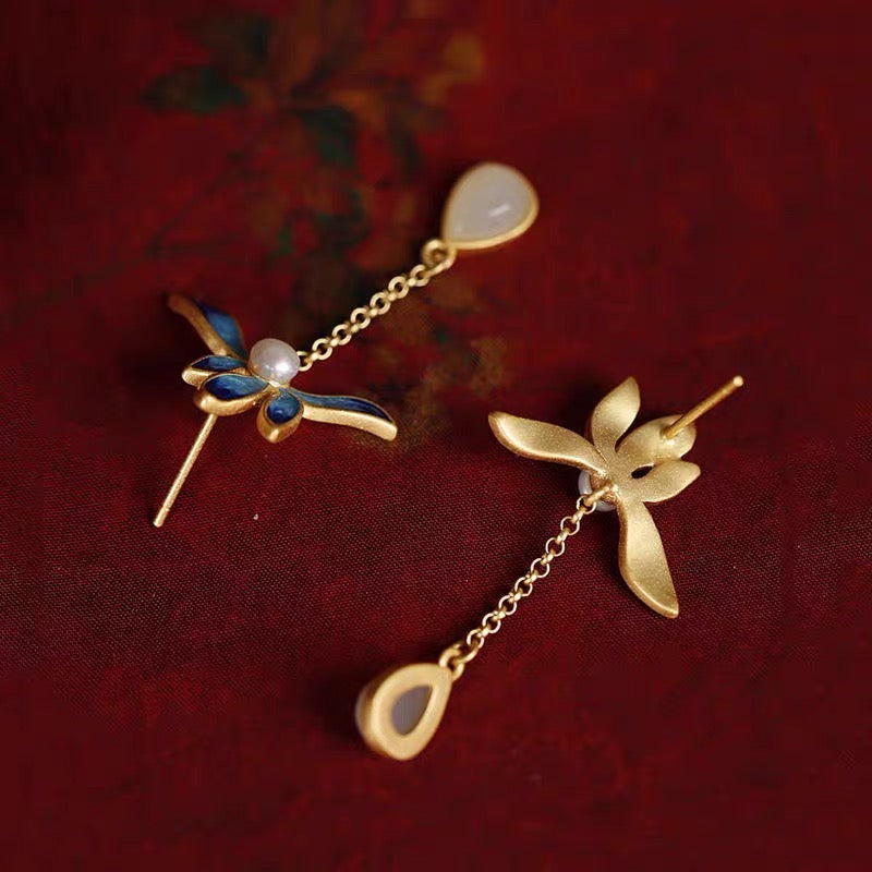Feng Shui Lotus White Jade Protection Earrings