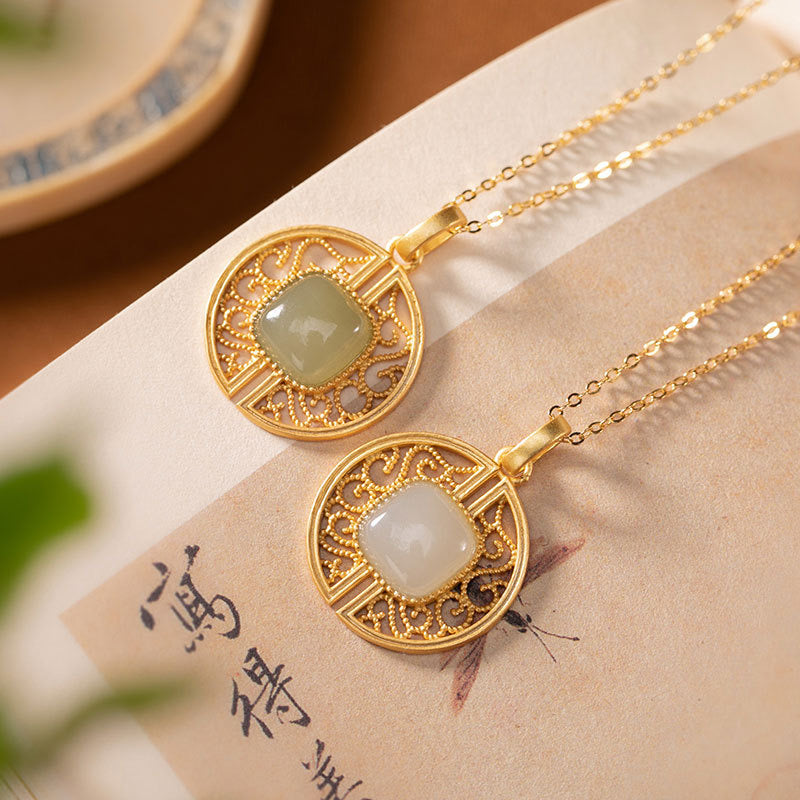 Natural Hetian Jade Hollow Carving Auspicious Necklace
