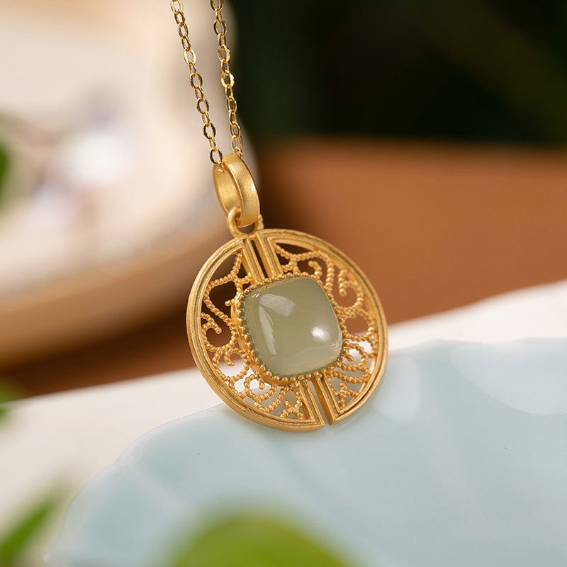 Natural Hetian Jade Hollow Carving Auspicious Necklace