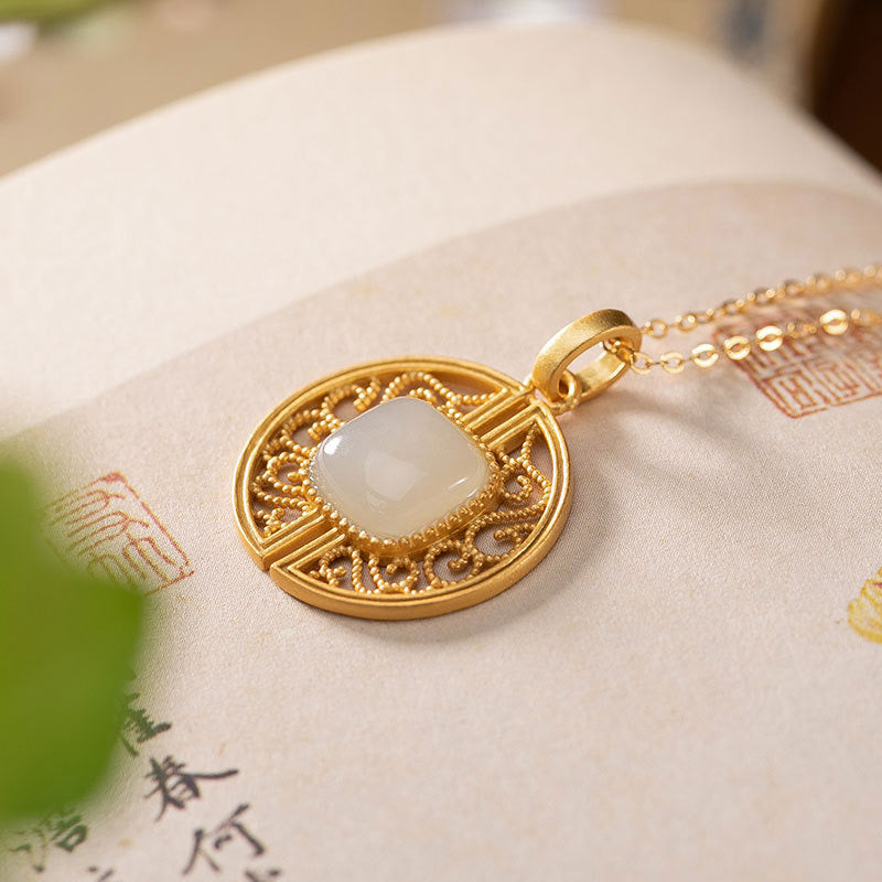 Natural Hetian Jade Hollow Carving Auspicious Necklace