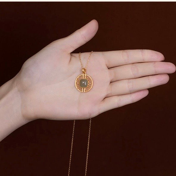 Natural Hetian Jade Hollow Carving Auspicious Necklace