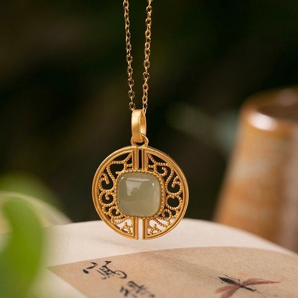 Natural Hetian Jade Hollow Carving Auspicious Necklace
