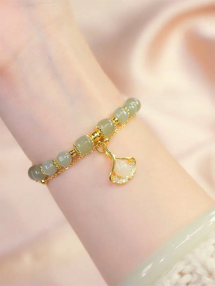 Natural Green Jade Feng Shui Apricot Leaves Bracelet