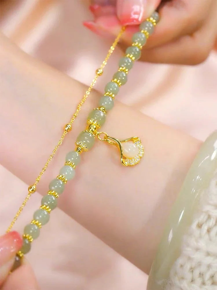 Natural Green Jade Feng Shui Apricot Leaves Bracelet