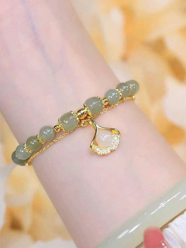Natural Green Jade Feng Shui Apricot Leaves Bracelet