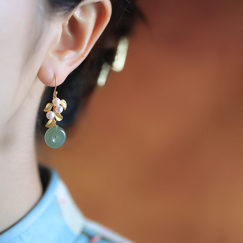 Feng Shui Fortune Lock Green Jade Earrings