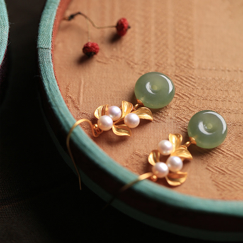 Feng Shui Fortune Lock Green Jade Earrings