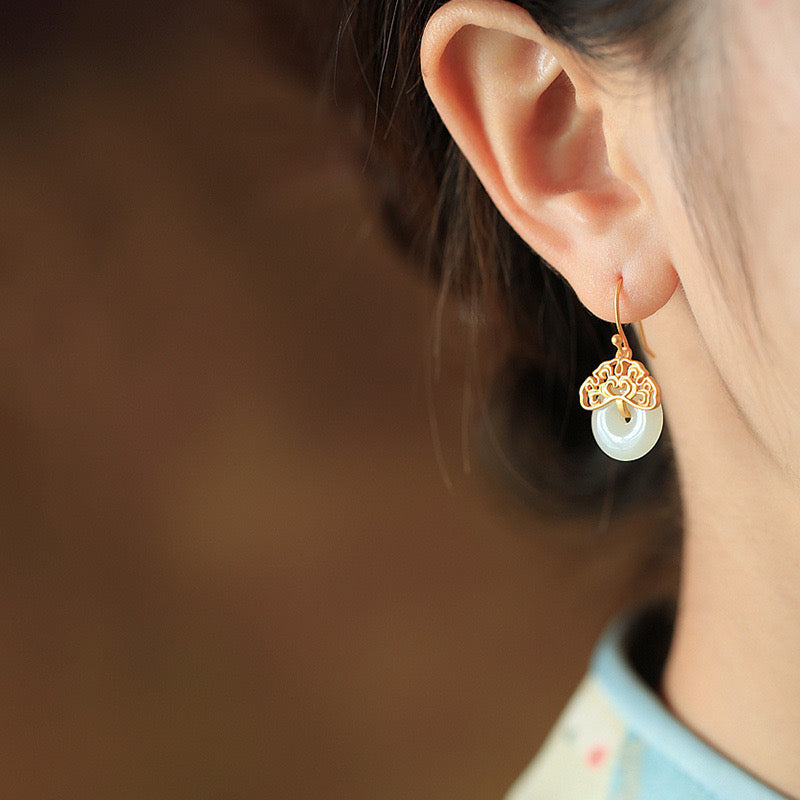 Feng Shui Fortune Lock White Jade Earrings