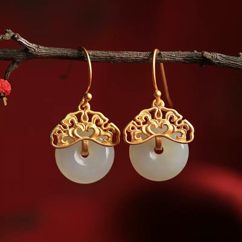 Feng Shui Fortune Lock White Jade Earrings