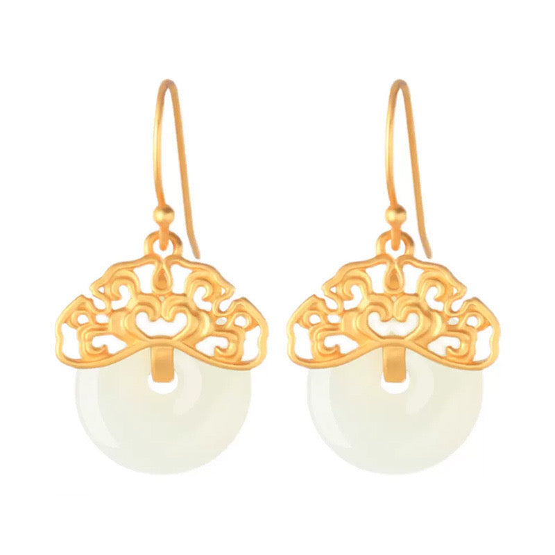 Feng Shui Fortune Lock White Jade Earrings